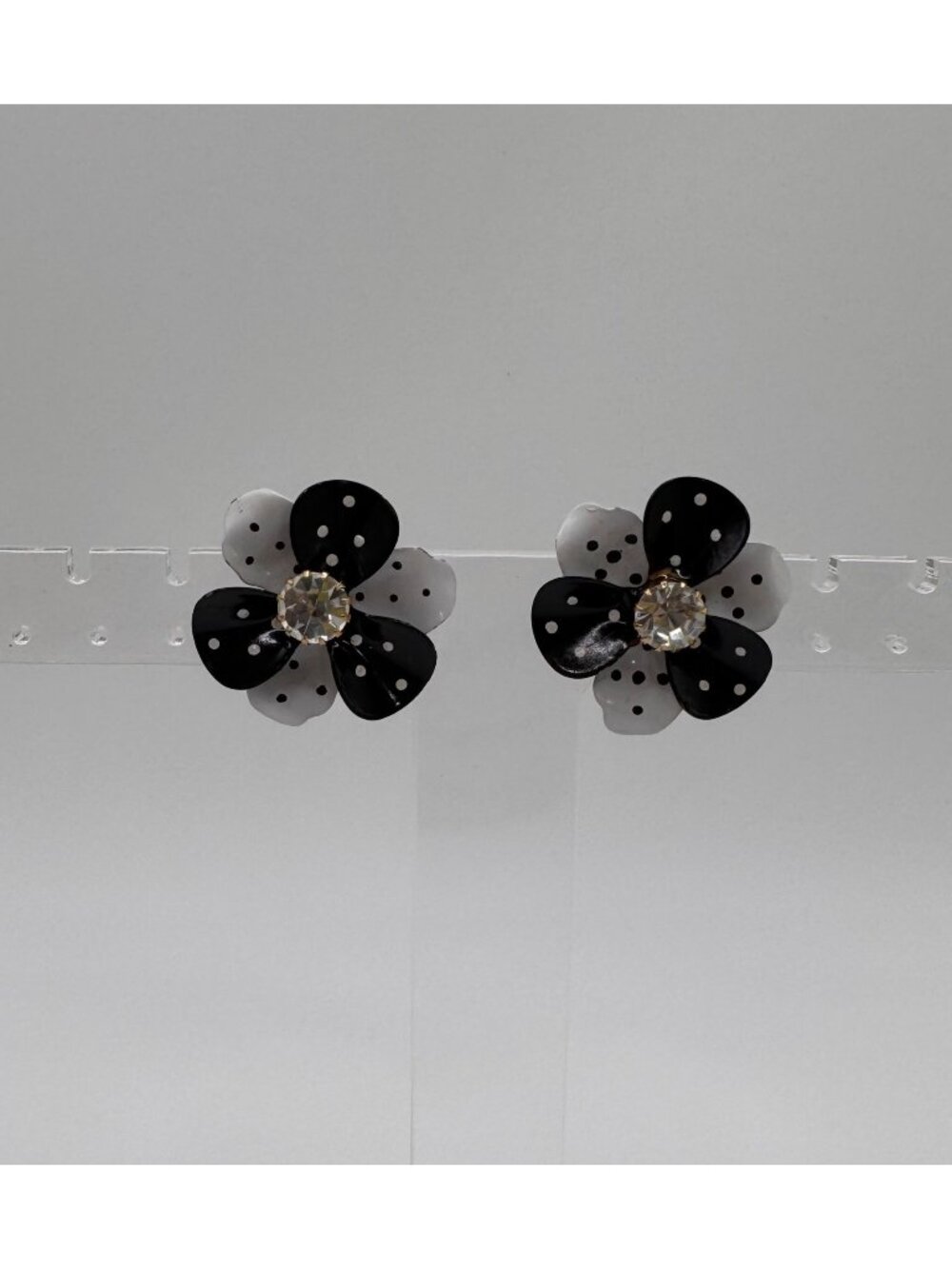 Vintage Avon Black White Polka Dot Flower Rhinestone Clip On Earrings